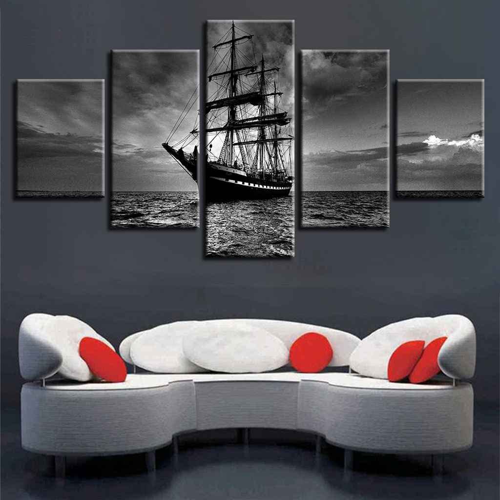 RONGCH Stampe su Tela per pareti Poster Vintage con Paesaggio Marino, Barca A Vela, Spiaggia Costiera, Le Onde Impetuose, Dipinto su Tela, Decorazioni per La Casa(M,50x70cm