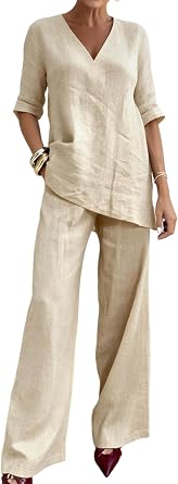 Womens 2 Piece Linen Sets 3/4 Sleeve V Neck Tops Wide Leg Pants Beach Travel Outfits