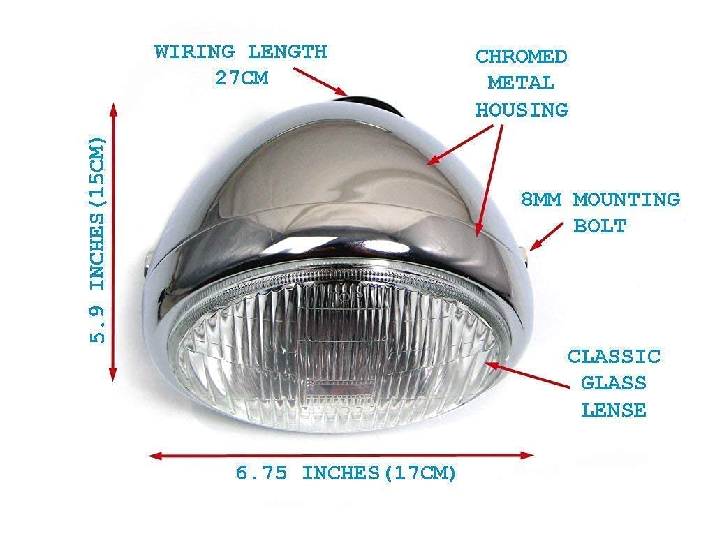 6 3/4" 6,75" reflektor motocyklowy - stal chromowana - żarówka 12 V 55 W do retro projektu Cafe Racer, rower uliczny, skrobak