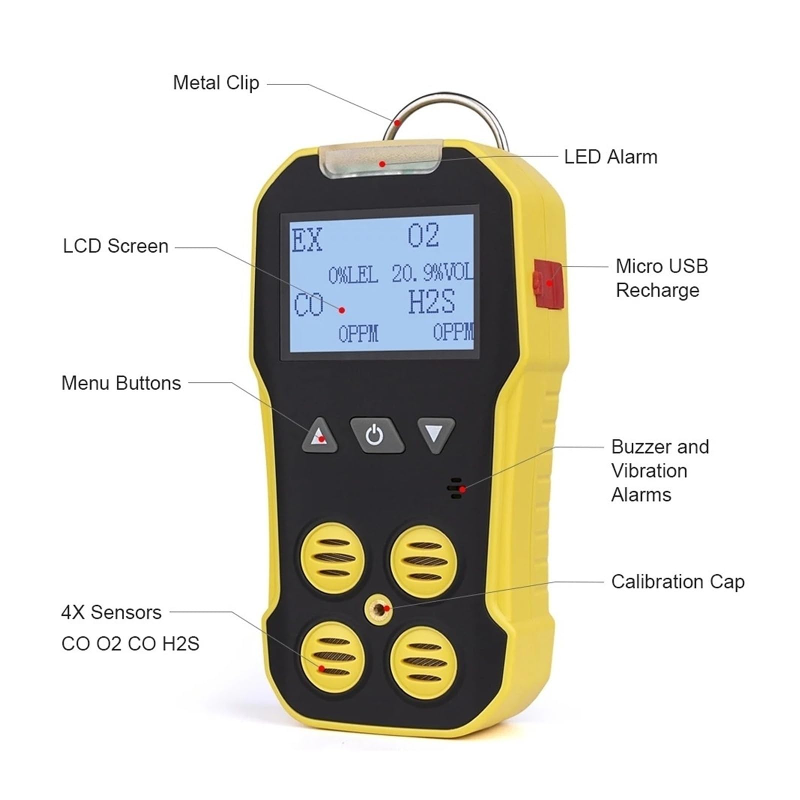 Détecteur de gaz Portable 4 en 1 (CO, H2S, O2) avec Pompe d'échantillonnage Externe for Le Travail et la Maison. Surveillance Rapide(Withuot Pump)