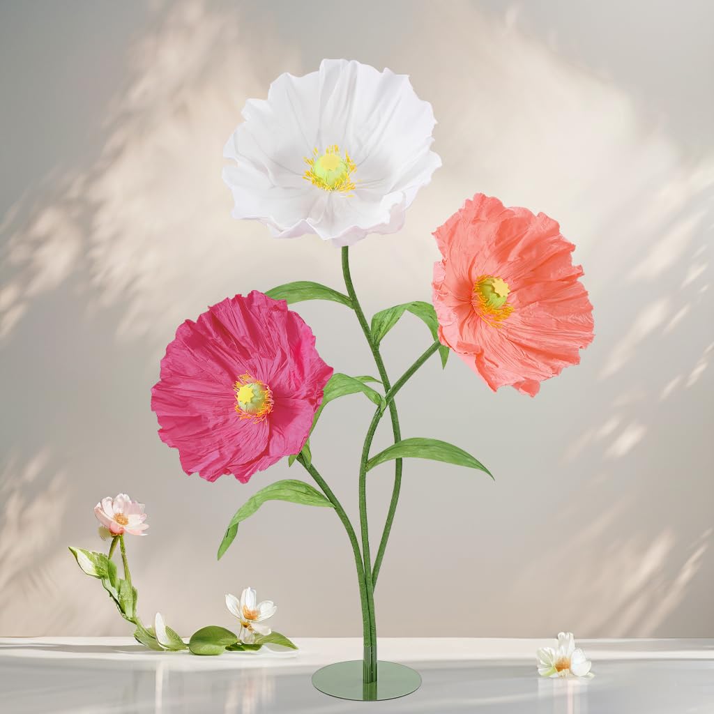 Photo 1 of LJIE-House Artificial Giant Flowers for Decoration with Stand - 5.6 Ft 3D Large Paper Fake Flowers Wedding Floral Decor for Party Birthday Home Garden Outdoors Backdrop (Set of 3)