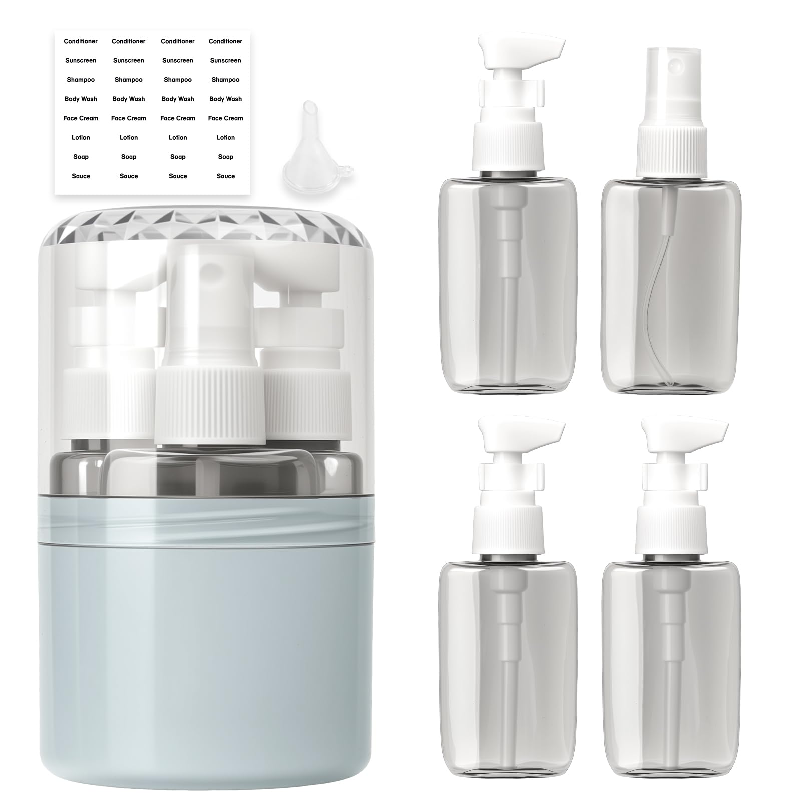 Contenitori Da Viaggio Per Liquidi 4-in-1 Set Riempibile, Accessori Viaggio Aereo Pompa 50ml Etichette Adesive, Regali Utili Per Chi Ama Viaggiare Impermeabile Antifuga Viaggio Ufficio (Blu)
