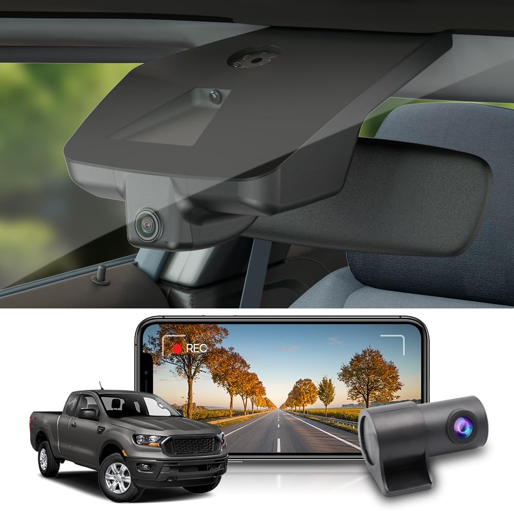 Front 4K+Rear 1080P Dash Cam Adapts for Ford Ranger 2019-2023 XL XLT Lariat (Has Rain Sensor), OEM Look, Built-in WiFi & APP, Dual HD Video, Loop Recording, G-Sensor, Easy to Use, 128GB Card