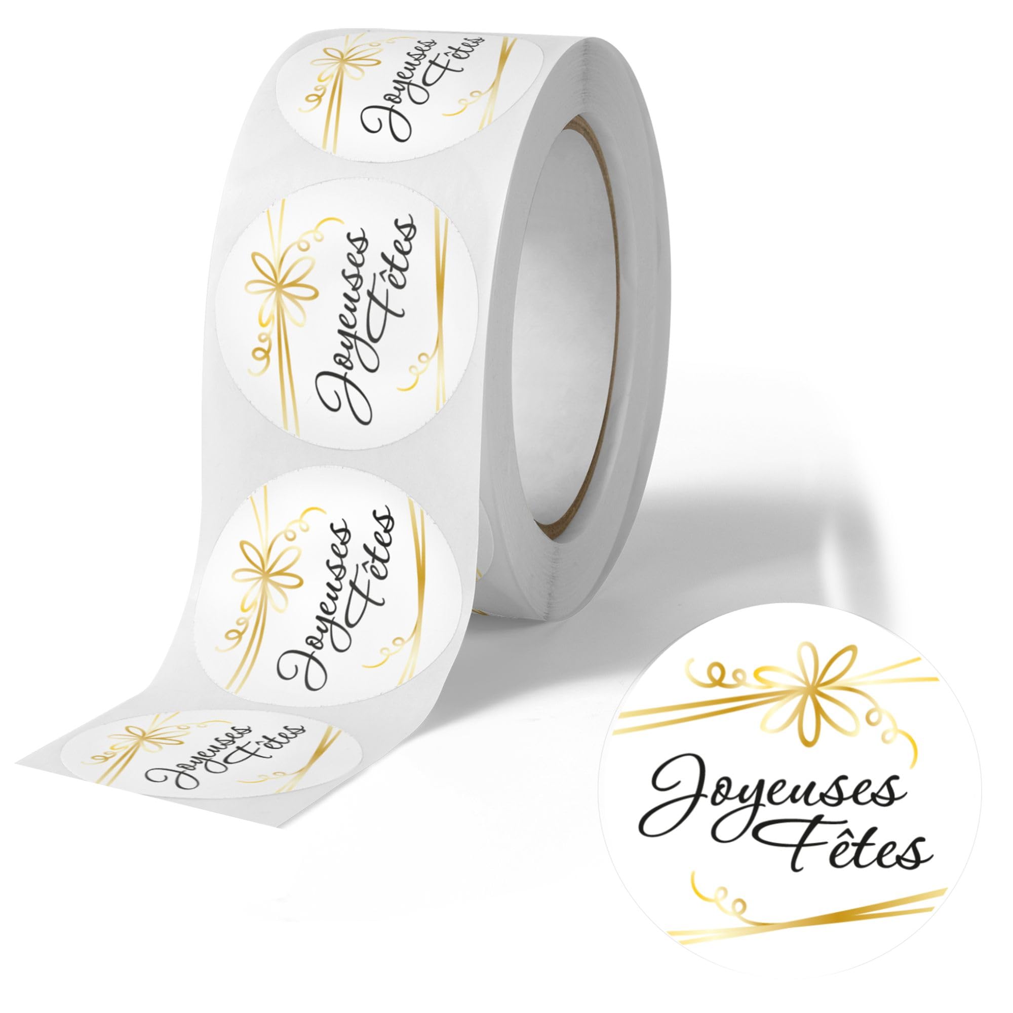 Étiquettes Joyeuses Fêtes Rondes Autocollantes - 500 Stickers en Rouleau