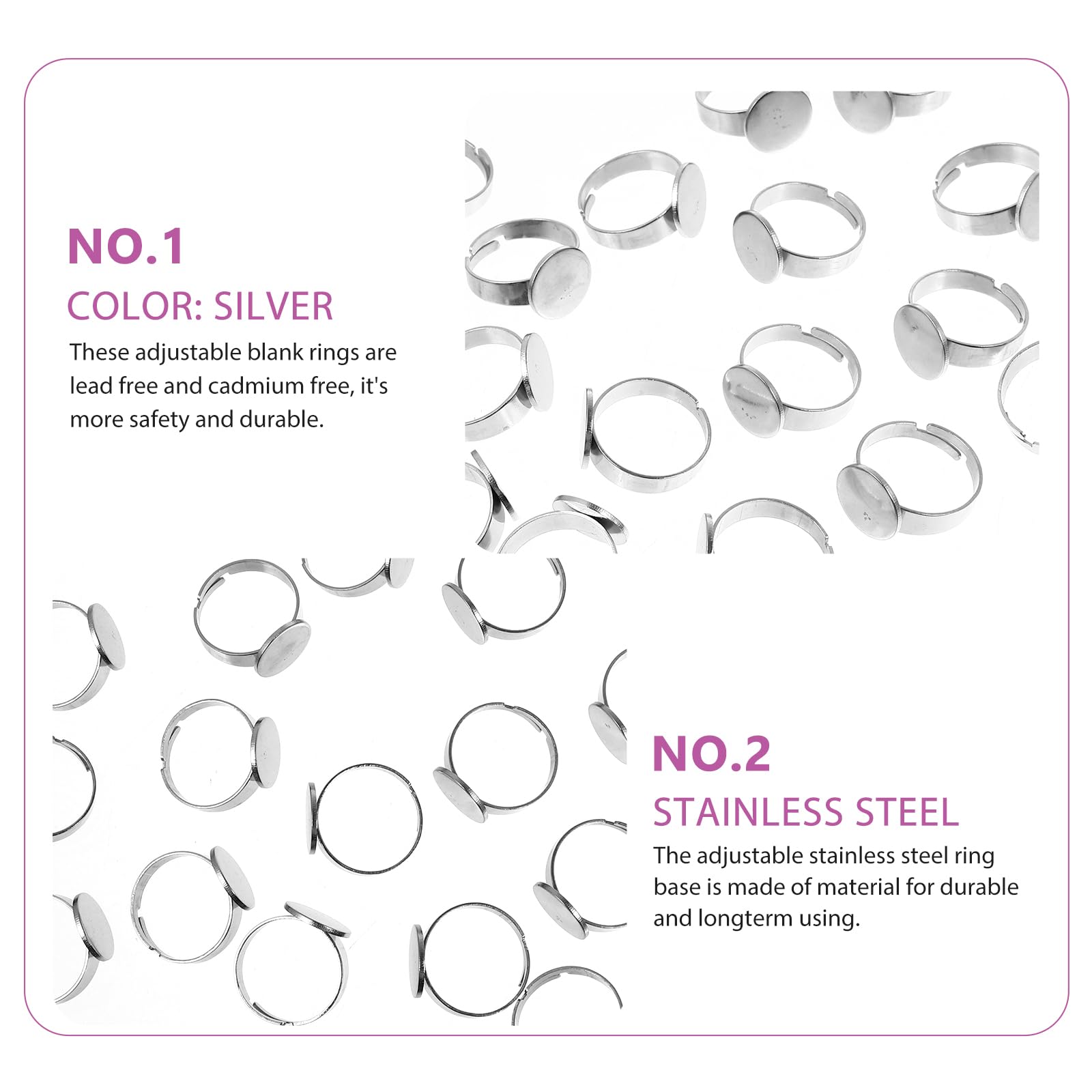 VILLCASE 20pcs Adjustable Silver Stainless Steel DIY Ring Making Kit - Minimalist Flat Base Ring Blanks, 5*2cm - Image 4