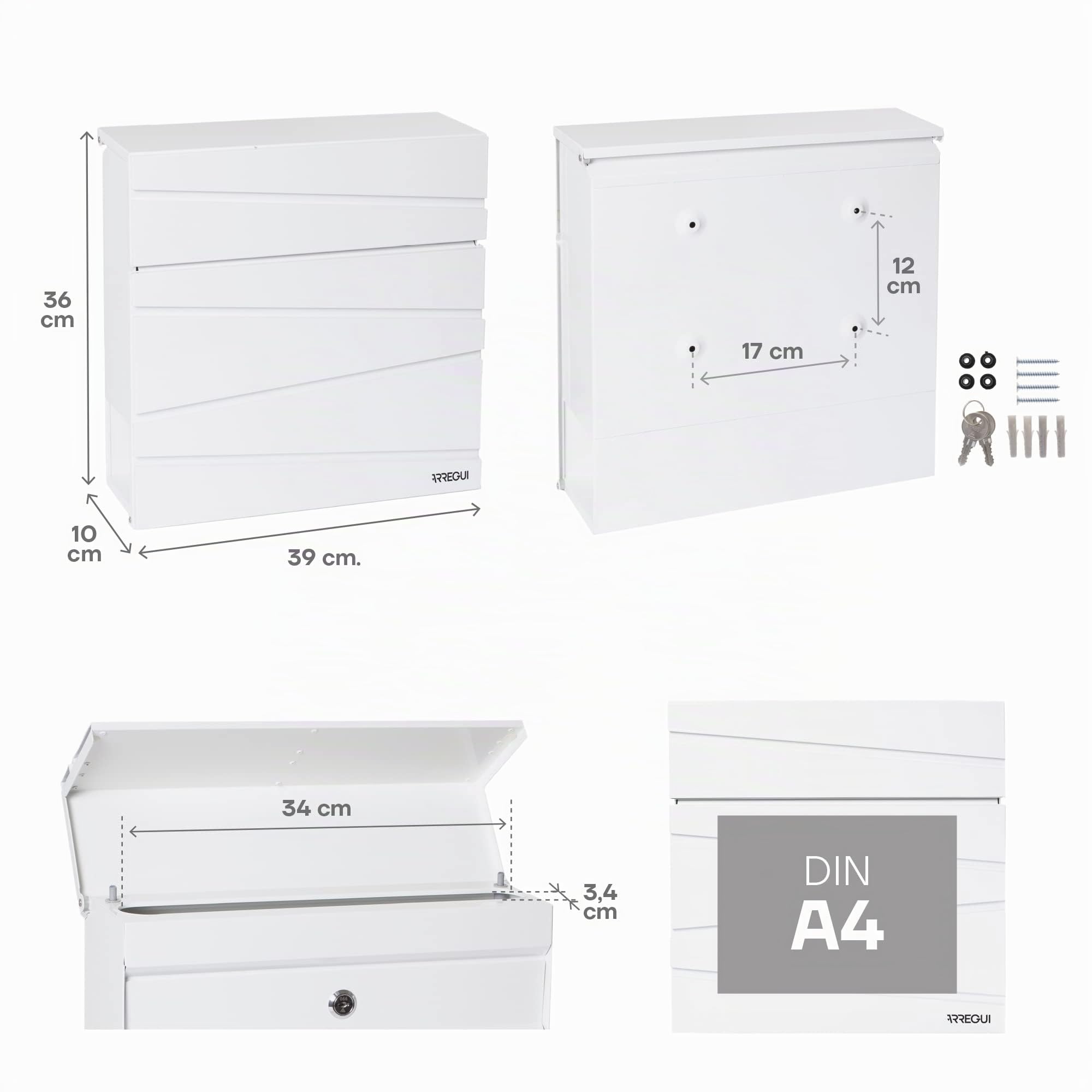 ARREGUI Armor E6901 Designer Briefkasten aus Verzinktem Stahl mit Zeitungsrolle, Postkasten + Zeitungsbox, Größe M (DIN A4), Moderner Design Wandbriefkasten mit Zeitungsfach und Schutzklappe, Weiß