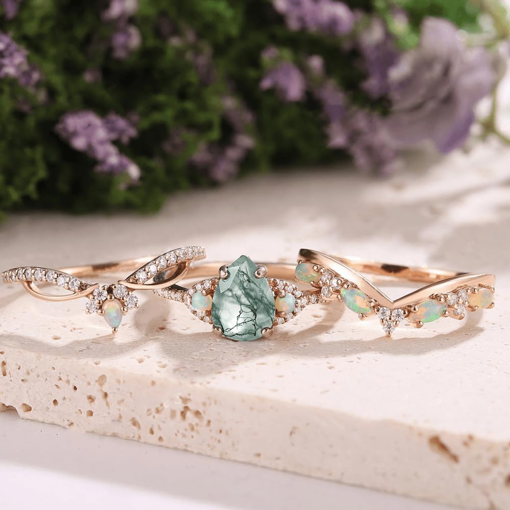 3pcs Natural Moss Agate Engagement Ring Set S925 10k 14k 18k Gold Opal Wedding Band Moissanite Wedding Ring Set for Women Green Moss Anniversary Promise Ring
