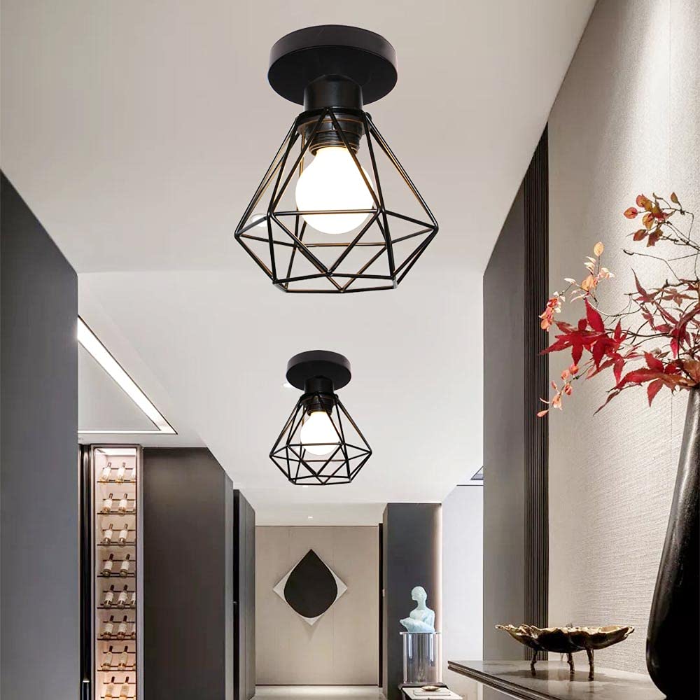 STOEX 4x Plafonnier luminaire industriel vintage design rétro cage diamant en fer forge, Lampe de plafond métal E27 pour cuisine salon chambre (Noir)