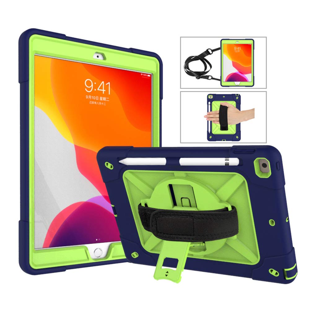 A-BEAUTY Case for iPad 8/7 (10.2-Inch, 2020/2019 Model, 8th / 7th Generation), with [Screen Protector] [Pen] [Pencil Holder] [Handstrap Shoulder], Navy Blue Yellow Green