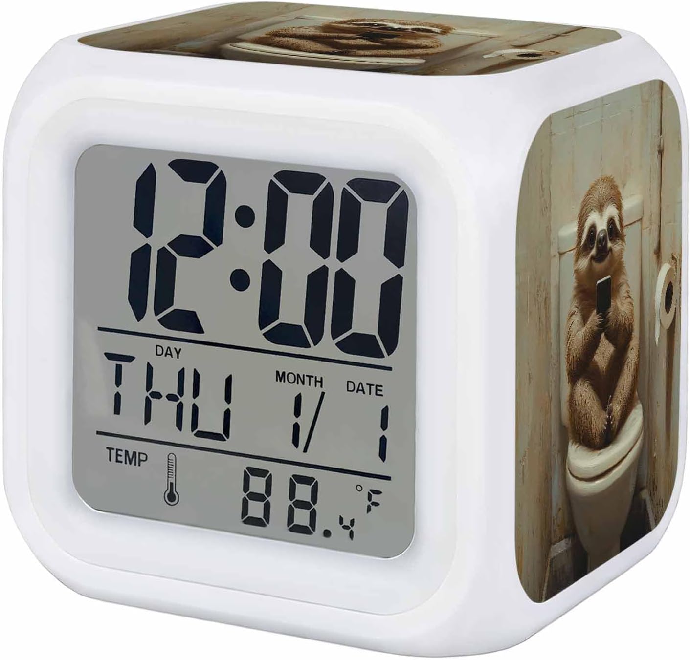 Funny Animal Alarm Clock, Sloth Sitting on Toilet Sloth Playing Phone Digital Clock Night Light with 7 Color, Calendar Temperature Display, NightLight Clock for Bedroom, 3.2x3.2in