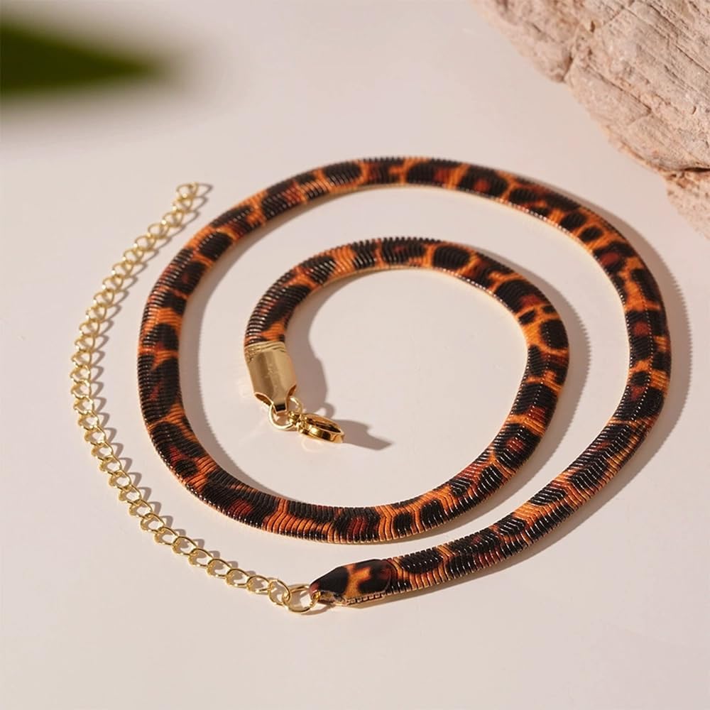 Chunky Leopard Print Choker Necklace for Wome Exaggerated Snake Chain Statement Necklaces Punk Flat Herringbone Snake Chain Fashion Jewelry Gifts - Image 2