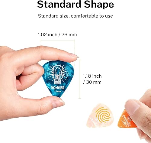Miniatura 5 de Donner Paquete de 16 púas de celuloide con caja de lata que incluye púas delgadas medianas pesadas y extrapesadas para guitarra acústica y ukelele