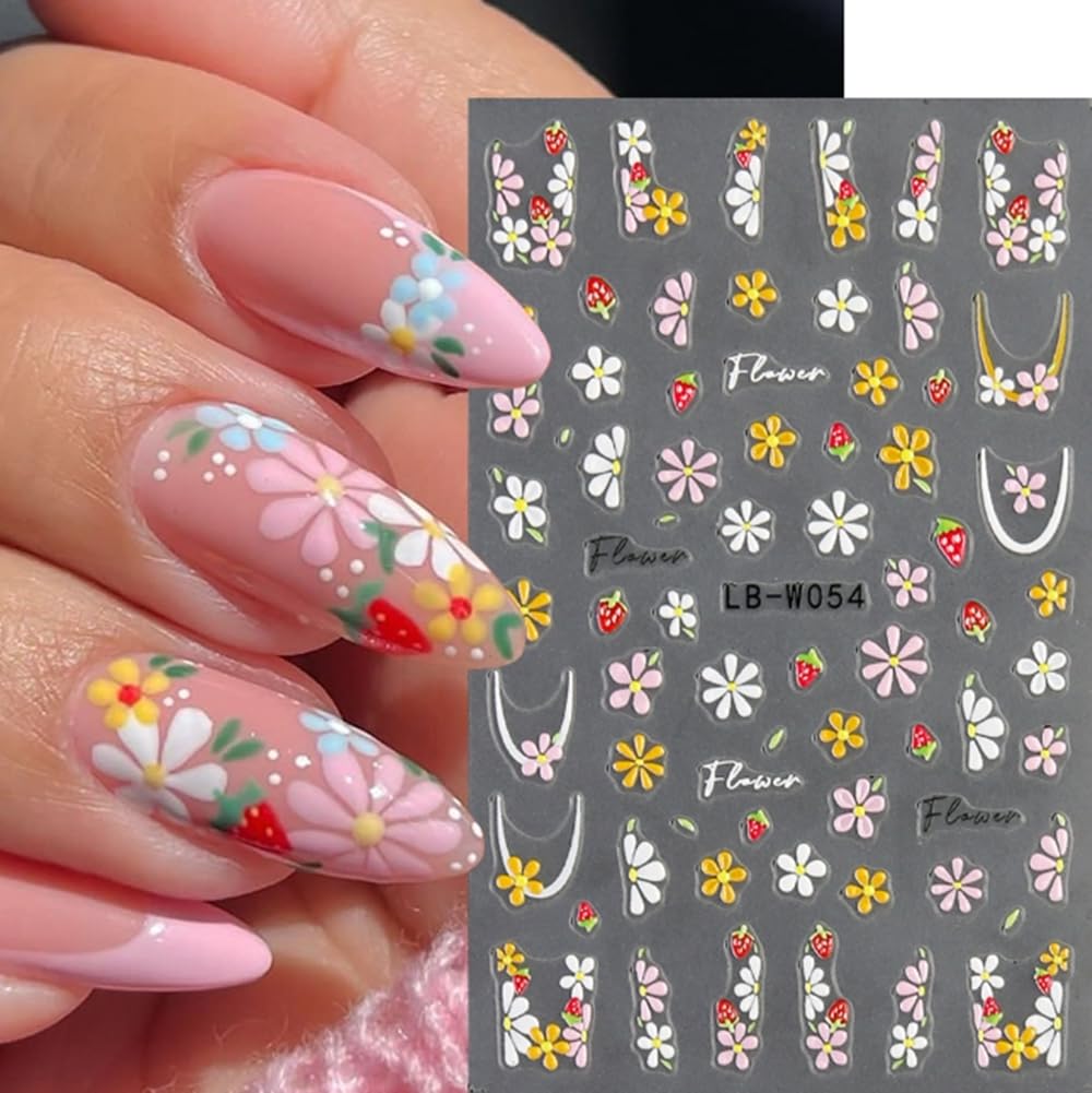 ICATHUNY 4 Sheets 5D Embossed Flower Nail Art Stickers,Nails Adhesive Stickers Nail Art Stickers for Nails DIY Manicure Decorations with Tweezer (Flower-4Sheets)