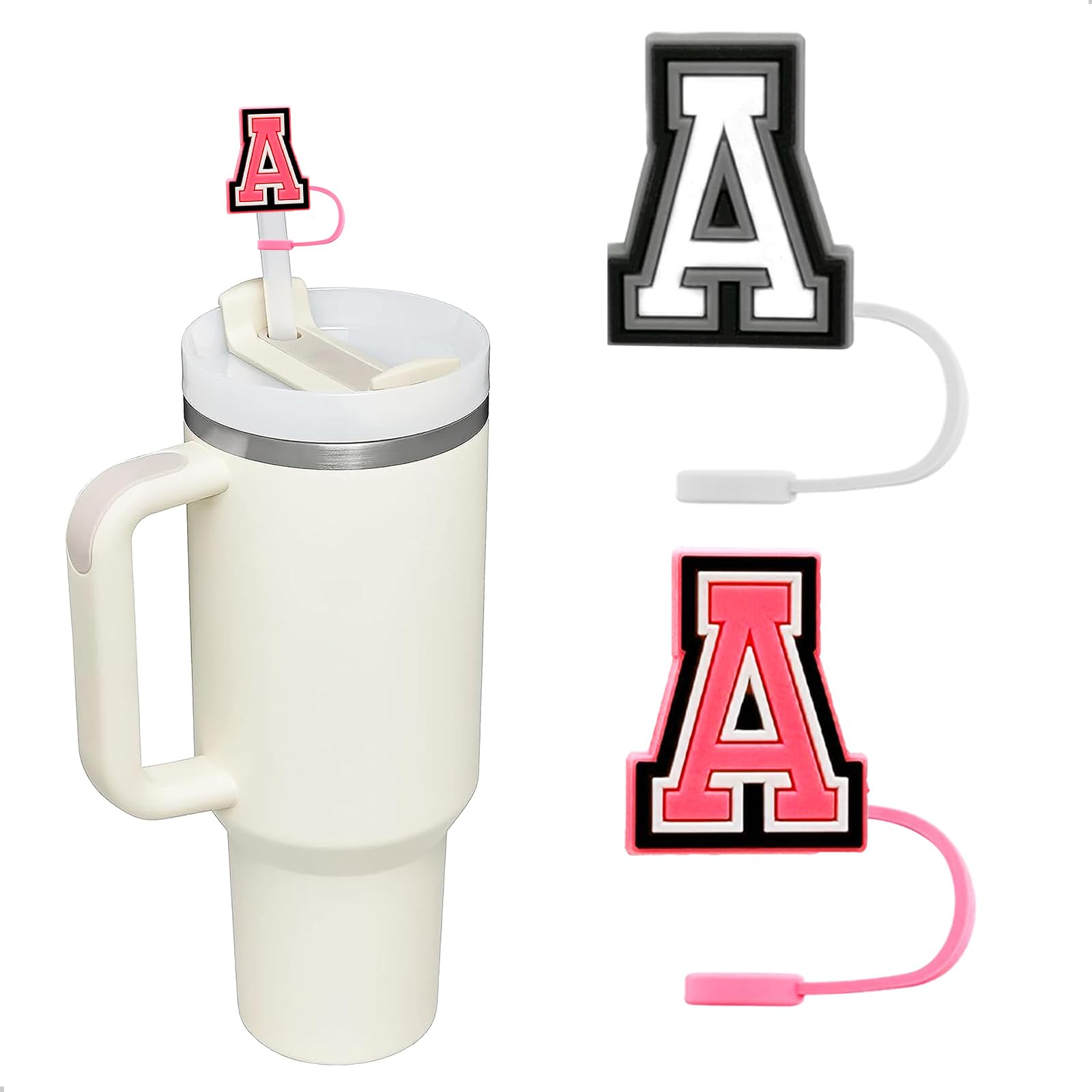 Letter Straw Cover for Stanley Cup 30?40 oz, 2PCS Topper for Stanley Tumbler, 10 mm Straw Cap for Accessories, Letter Personality Name ID (A)