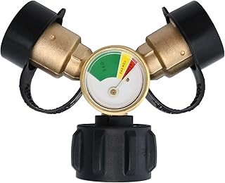 Anxingo Propane Y Splitter Adapter with Gauge and Shut-Off Valve 100% Solid Brass LP Gas Tee Connector with Male QCC and 2-Female QCC for LP Tank Cylinder BBQ Grill Heater Stove and More