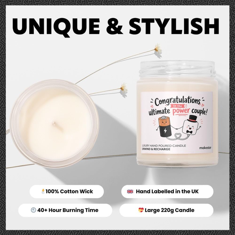 Wedding Gift for A Couple - Luxury Soy Wax Candle - Vanilla, Jasmine, Sugared Almond - Makester, White - Image 4