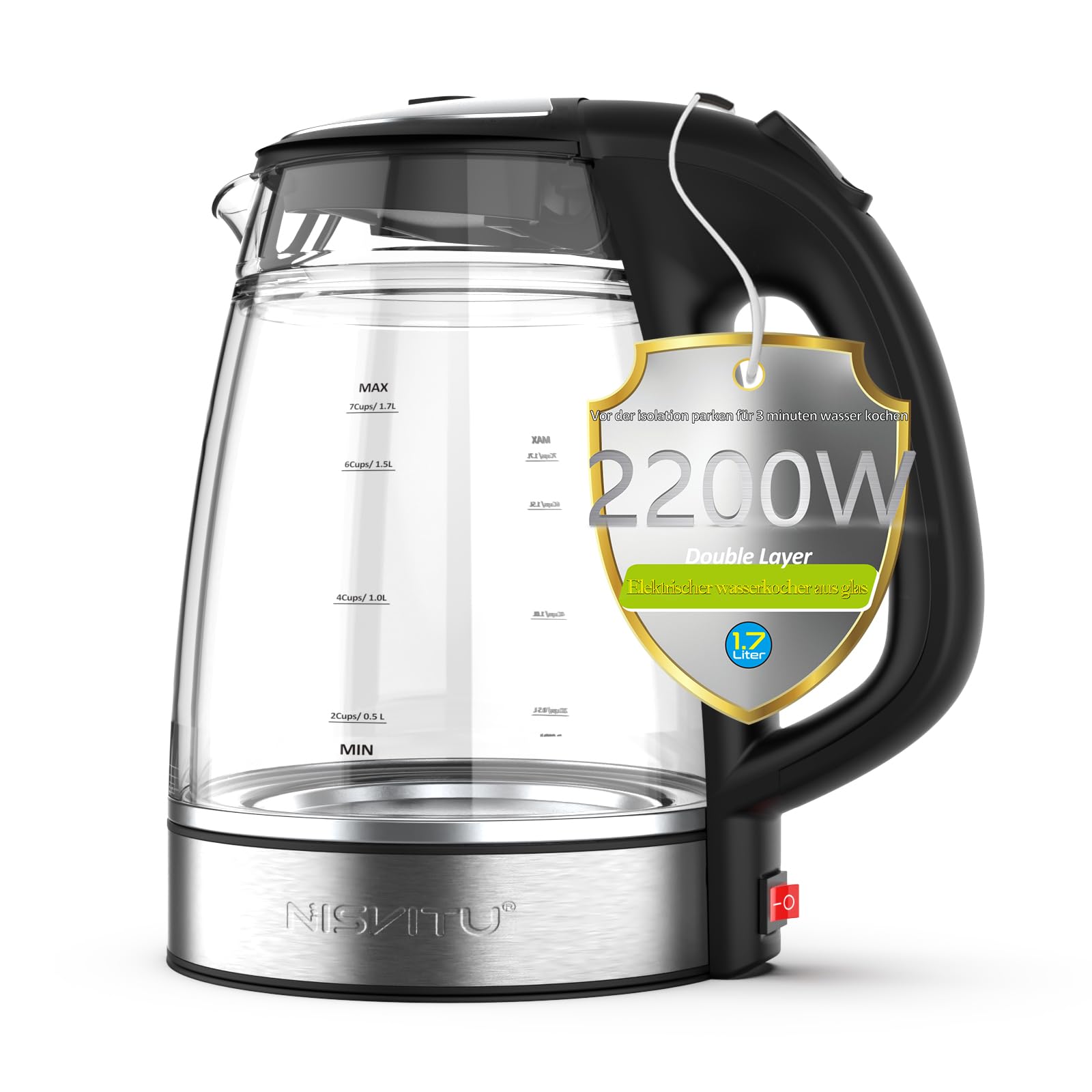 Wasserkocher Doppelwandig Glas 1,7L Ohne Plastik Mit Kalkfilter Heißwasserspender Kleiner BPA-Frei Leise Edelstahl Warmhaltefunktion Kabellos Groß Still LED Heater, Automatische Abschaltung Schwarz