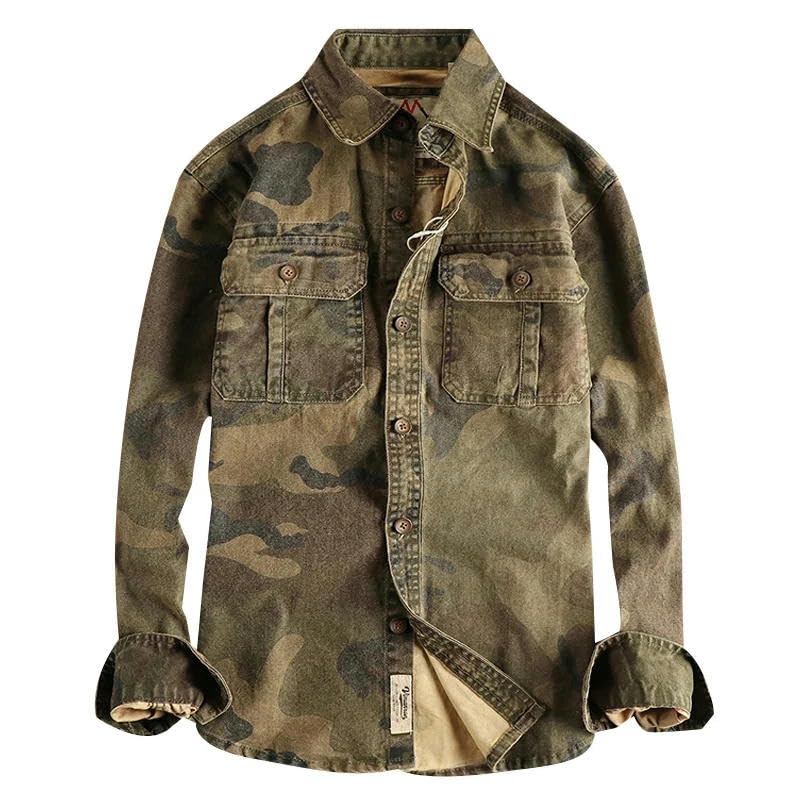 Autumn and Winter Retro Woven Camouflage Cargo Shirt Men's Cotton Washed Old Double Pockets Thin Jacket4