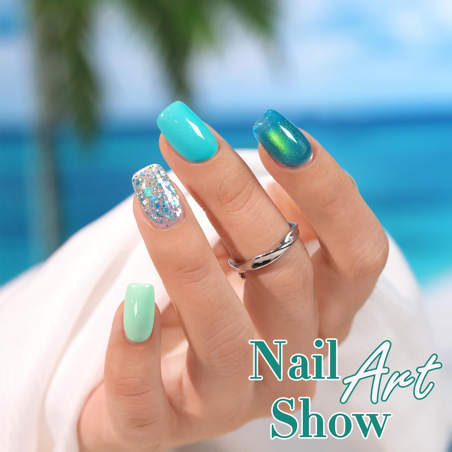 Double Rhythm 6 Pcs 15 ML Gel Polish Set Same Color Same Bottle Soak Off Cat Eye Glitter Gel Polish Kit Nail Art Manicure Salon DIY at Home for Women (Teal Mint Green-T6-96)