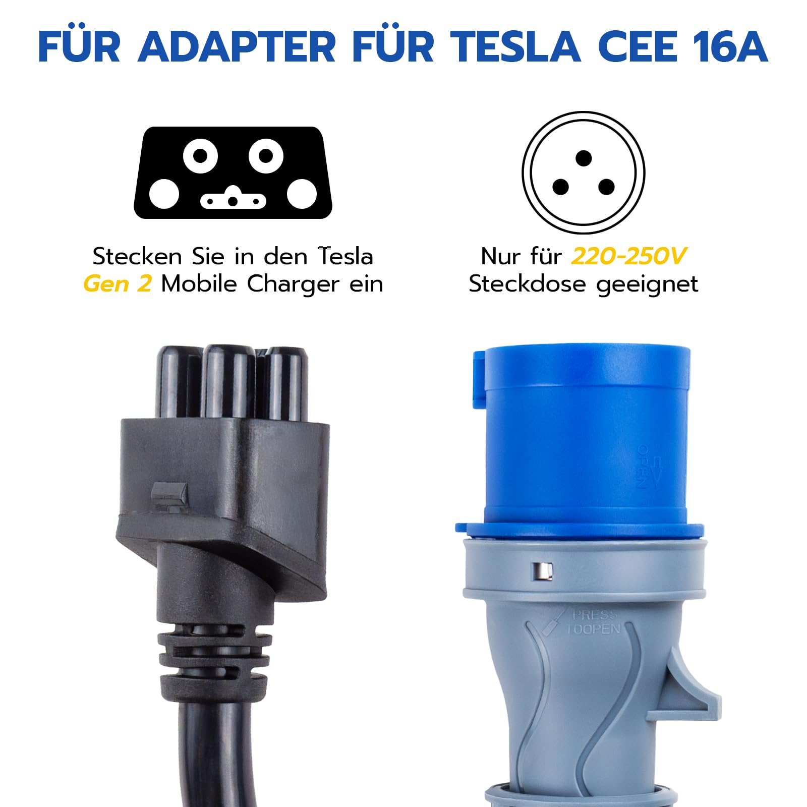 Tesla-Adapter auf CEE Adapter 3 Pin 16A, 0,3 m Tragbares CEE Verlängerungskabel, Tesla Charger Adapter für EV(3 Pin 16A)