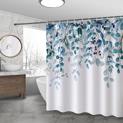 Qidordour Shower Curtain, Waterproof Fabric Shower Curtain Set With Hooks, Weighted Hem, 72X72 Inch White Bathtub Curtain With Blue Watercolor Eucalyptus Leaves, Bathroom Decoration For Home Hotel #TOP7