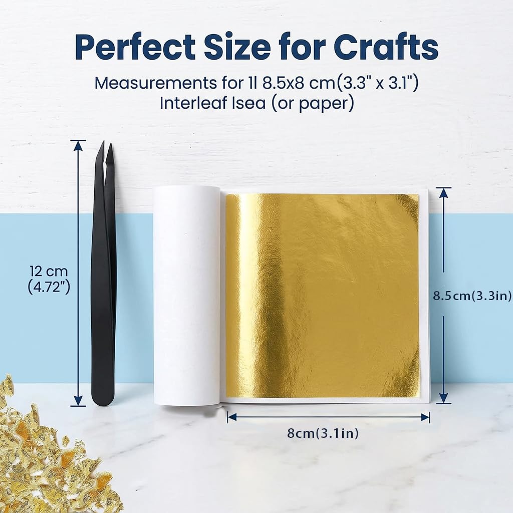 Juego de 300 hojas de imitación de oro con pinzas, lámina de oro de alta calidad para manualidades, papel dorado para manualidades, proyectos de arte, decoración, muebles, dorado, hoja de cobre