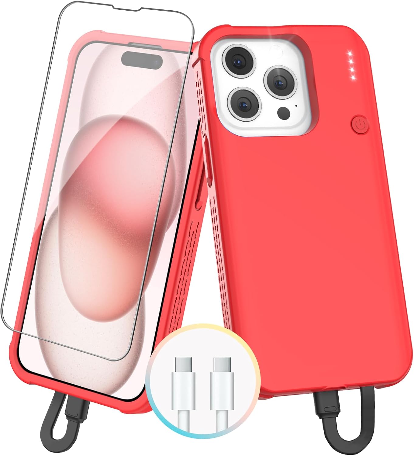GIN FOXI Battery Case for iPhone 15 Pro Max/15 Plus, Rechargeable Charging Case 8000mAh 15W Ultra Slim Portable Extended Power Bank Case Cover Juice Box Built-in Cable, Red(6.7”)