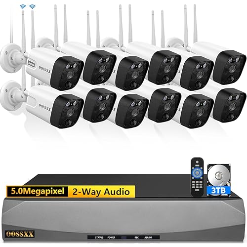 5.5MP & 2-Way Audio Dual Antennas Security Wireless Camera System 3K 5.0MP 1944P Wireless Surveillance Monitor DVR Kits with 3TB Hard Drive,12Pcs Outdoor WiFi Security Cameras PIR Detection