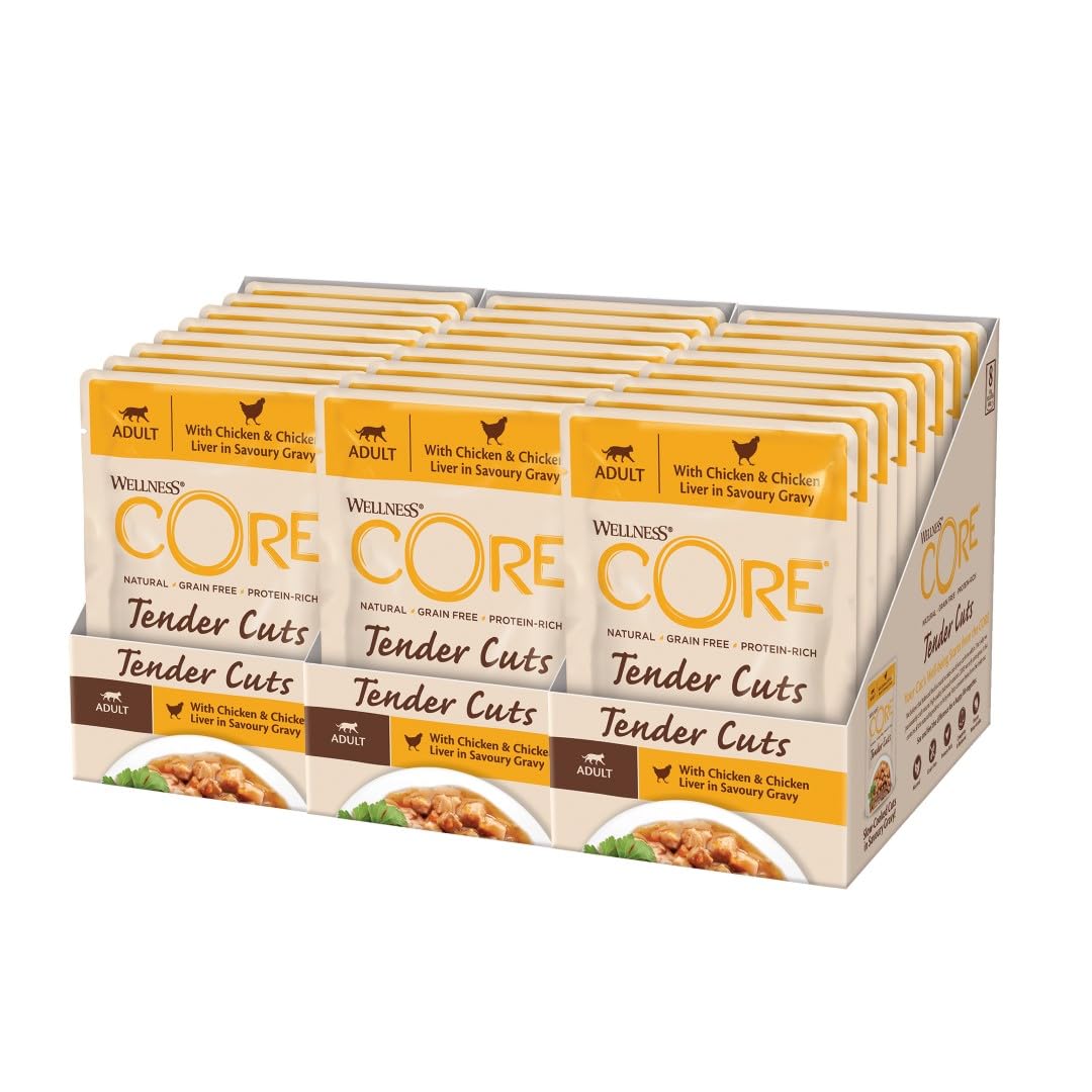 Wellness CORE Tender Cuts 24 x 85g, Huhn & Hühnerleber – Nassfutter für Katze, zarte Stücke in Sauce, getreidefrei, natürlich, hypoallergen, proteinreich, hoher Fleischanteil