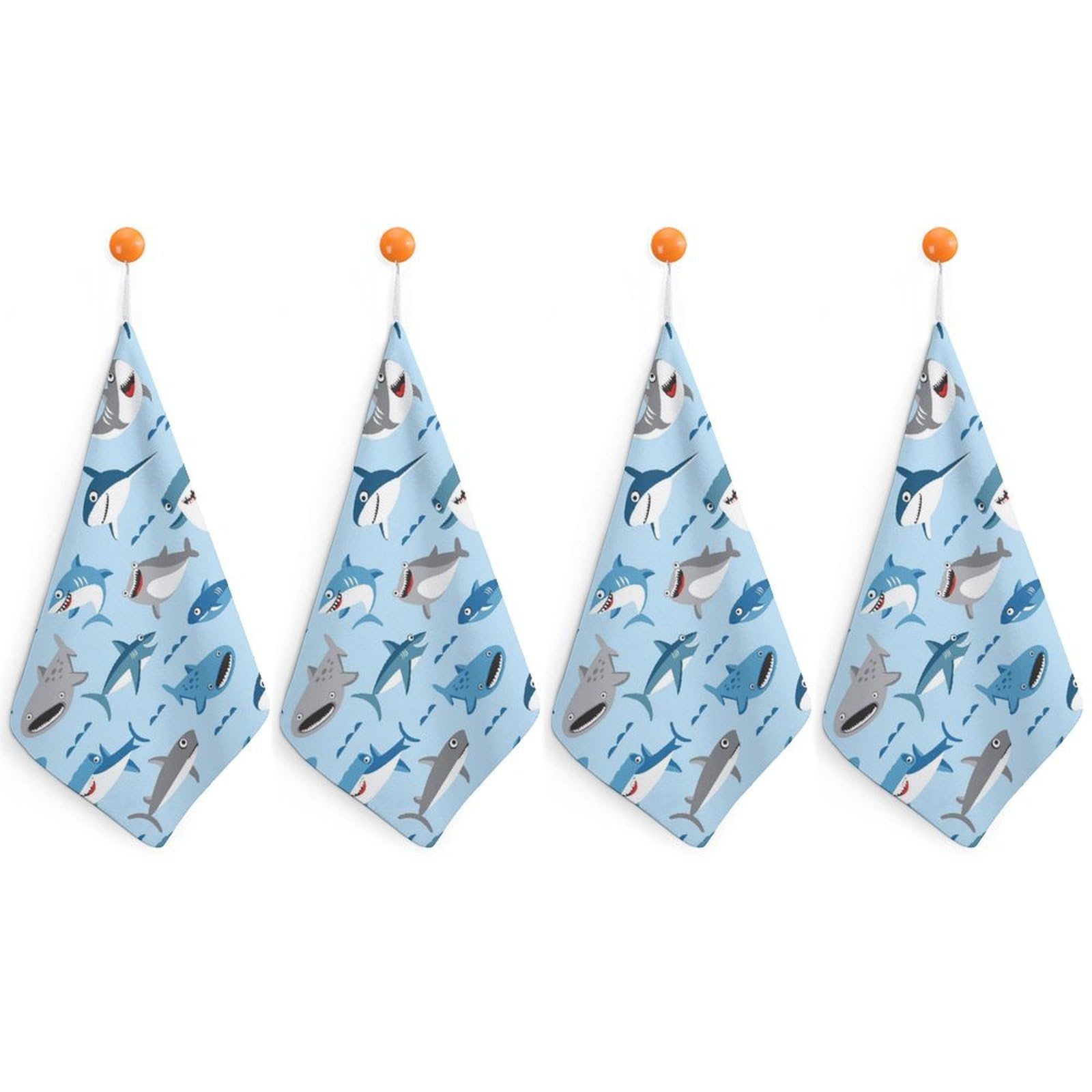 LEDFCVSU 4 Piece Hanging Hand Towels, Shark Blue Cute Cartoon Small Dry Hand Towel for Kitchen Bathroom