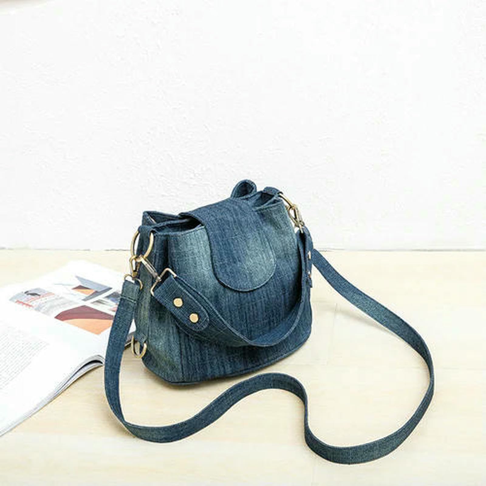Borsa a Mano Donna Secchiello in Denim Casual Tracolla da Tasche Multiple Design Blu-azzurro-26x21x19 Cm