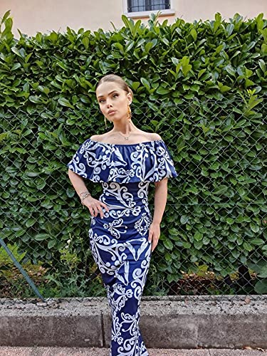 Happy Sailed Women Dark Blue Off-The-Shoulder Maxi Dress, X-Large Blue Tendril Print - Image 7