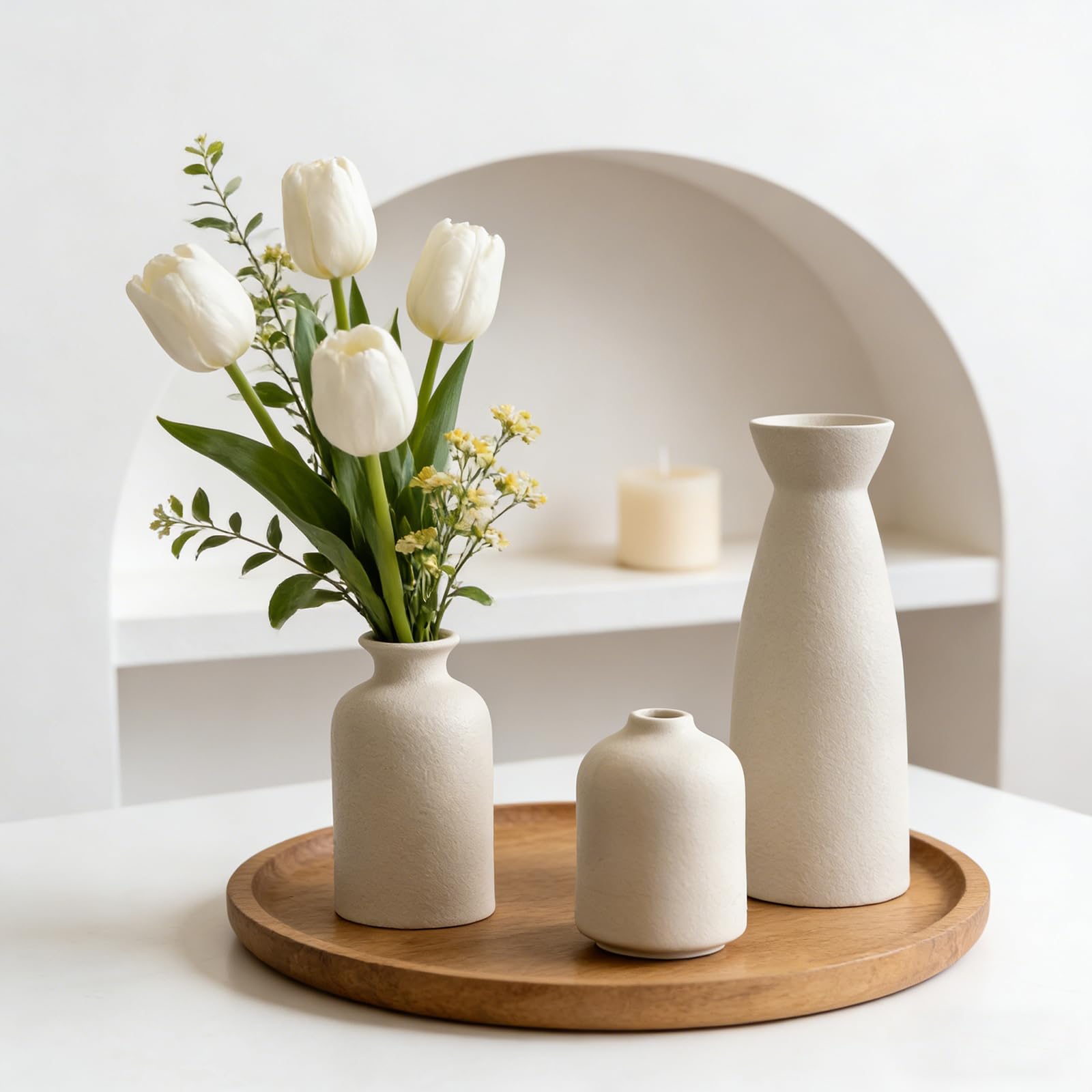 Keramik Vasen Set 3er Blumenvase für Deko Schlafzimmer, Moderne Home Decor Boho Landhaus Rustikale Vase für Pampasgras