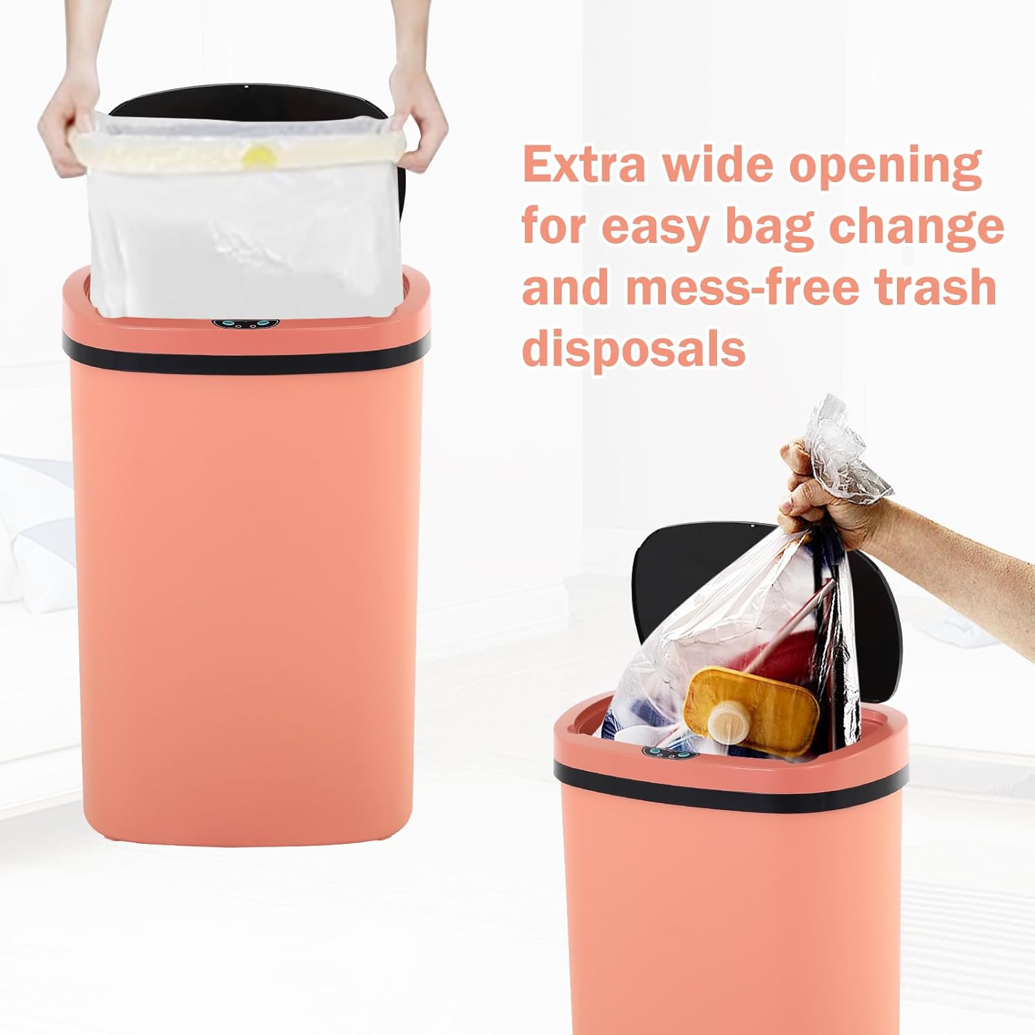 13 Gallon Tall Kitchen Garbage Can - Touch Free Motion Sensor Trash Bin for Bathroom, Bedroom & Office - 50 Liter Plastics High-Capacity Brushed Waste Bin (1, Pink)