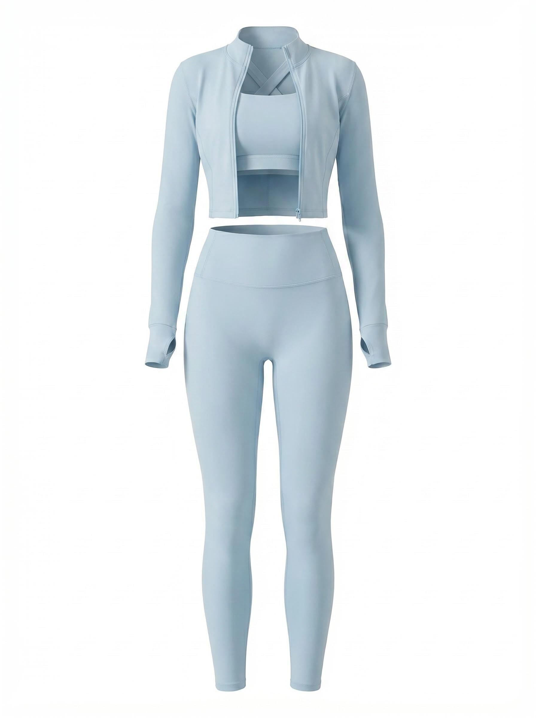 3-teiliges Damen-Workout-Set, Sport-BH, bauchfreies Top, Jacke mit Daumenlöchern, Bauchkontrolle, Leggings mit hoher Taille