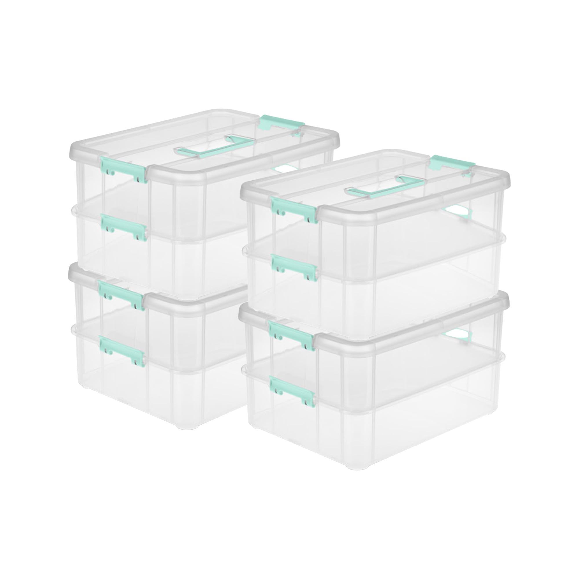 Sterilite 4 Pack Stackable Plastic Storage Bins, 2 Layers, Latching Lids, Stack and Carry, Clear