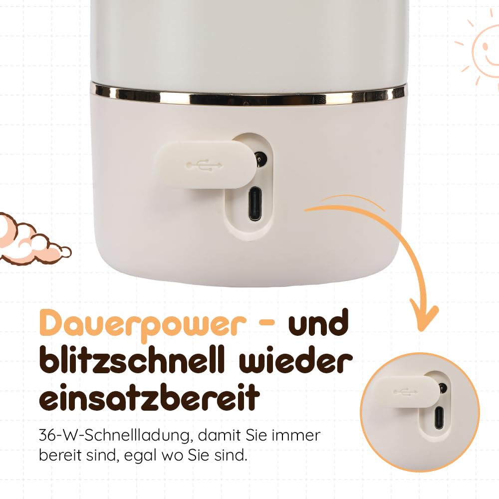 BEBELUX Elektryczny podgrzewacz do butelek dla niemowląt – elektryczny podgrzewacz mleka dla niemowląt w podróży | szybkie ładowanie 36 W USB-C | nie zawiera BPA | doskonała regulacja temperatury |