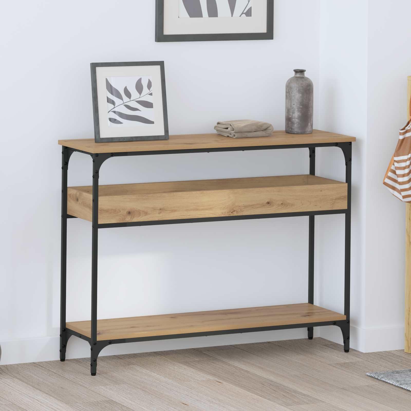 Mesa consola Artisan de madera de roble con marco de acero industrial de 100x29x75 cm
