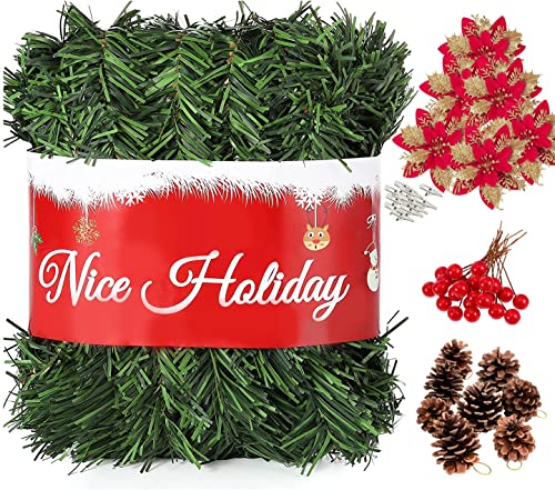 Guirlande de Noël de 16,5 m, guirlandes de pin vert artificiel avec pomme de pin, baies rouges et fleurs de Noël artificielles, couronnes de verdure de Noël Cover