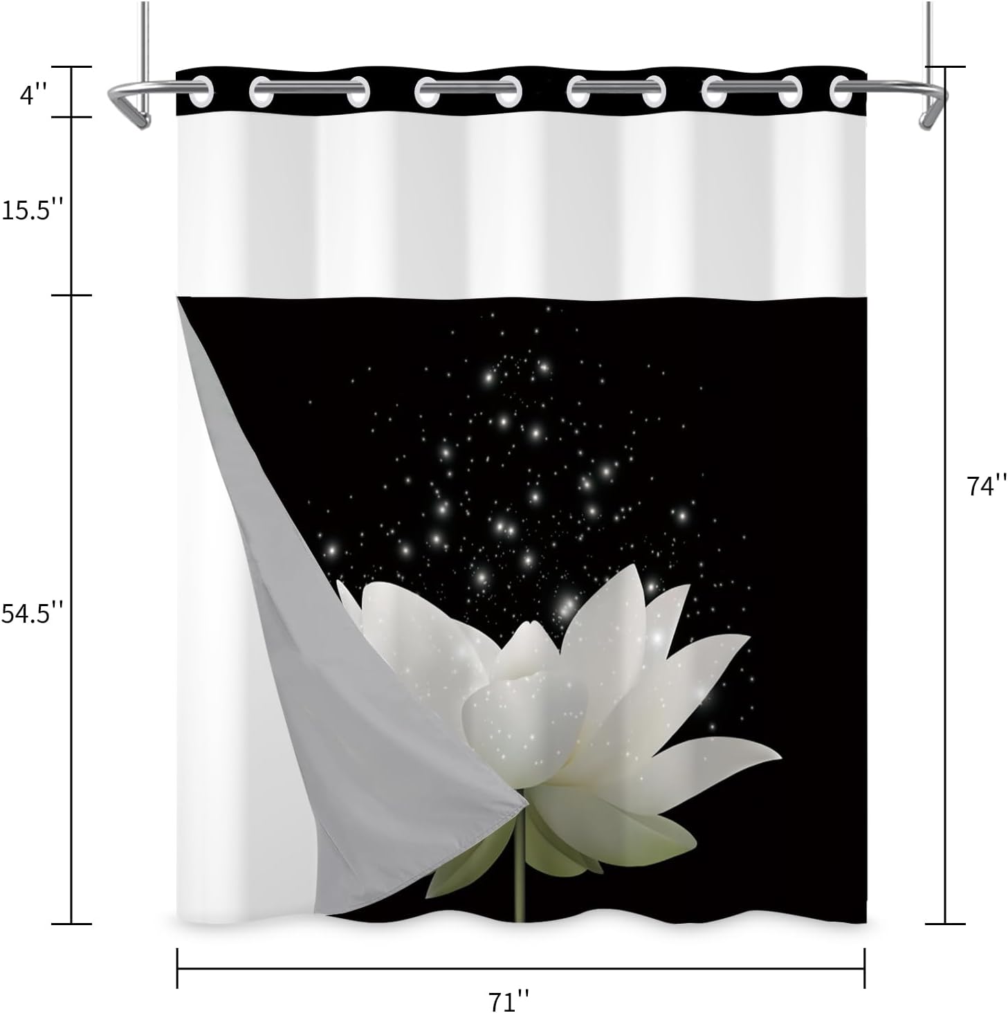 Lotus No Hook Shower Curtain, Black and White Floral Modern Zen Double Layer Shower Curtain and Liner Set, Spring Flower Ringless Bathroom Curtains with Window Waterproof Cloth Fabric, 71x74inch
