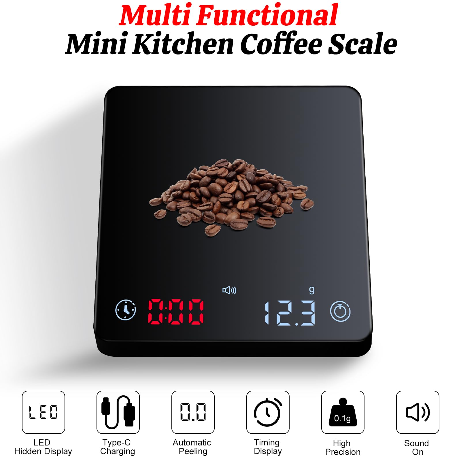 Mini waga do kawy z timerem i ładowarką USB, 2 kg/0,1 g, precyzyjna waga espresso, przenośna cyfrowa waga kuchenna z wyświetlaczem LCD/timerem