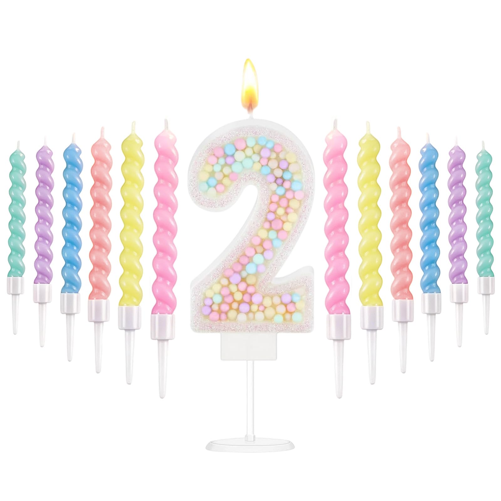 White Macaron 2nd Birthday Candles Set, Number 2 Birthday Candle with 12pcs Spiral Candles for Girls Boy 2nd Birthday Decorations, Rainbow Cake Topper for Party Decoration, Baby Showers Supplies