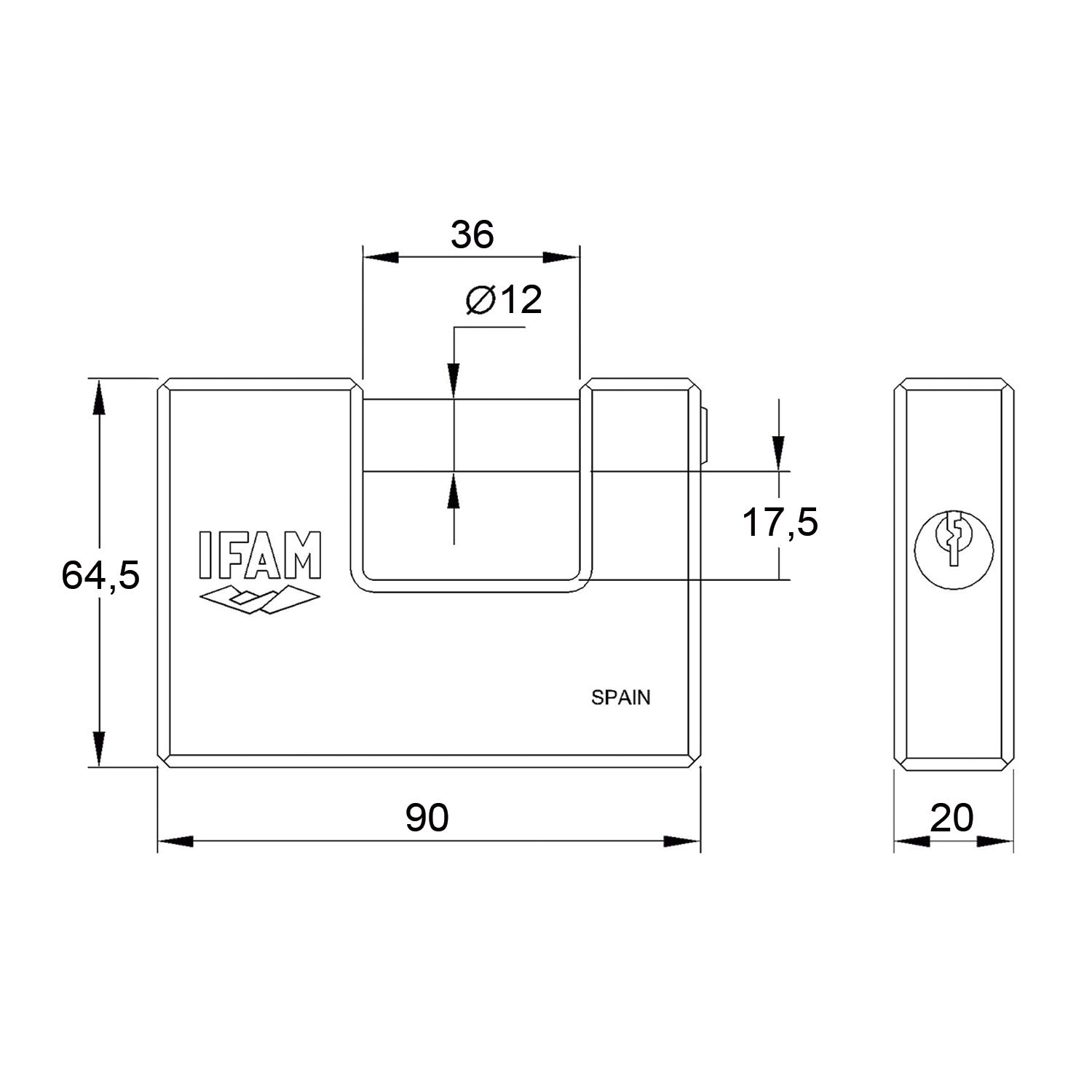 IFAM Candado de Seguridad Serie U, 90mm de Longitud, Para Cierres Verticales, Cuerpo de Latón, Llave de Serreta, Para Rejas y Persianas