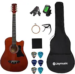 Joymusic Kit de guitarra acústica marrom de 96,5 cm para iniciantes, pacote com uma alça com suporte de palhetas, afinador digital, conjunto de cordas, capo, pano de limpeza, 6 palhetas e bolsa de