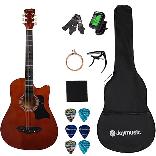 Joymusic 38 inch brown beginner acoustic guitar kit,bundle with a strap with picks holder,digital tuner, set strings, capo,cleaning cloth,6 picks,gig bag.(JG-38C,BR)