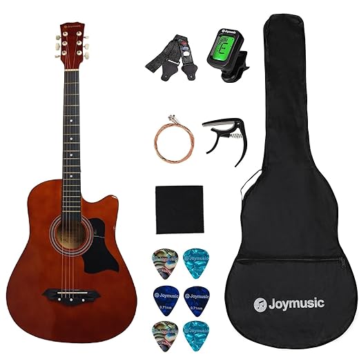 Joymusic 38 inch brown beginner acoustic guitar kit,bundle with a strap with picks holder,digital tuner, set strings, capo,cleaning cloth,6 picks,gig bag.(JG-38C,BR)