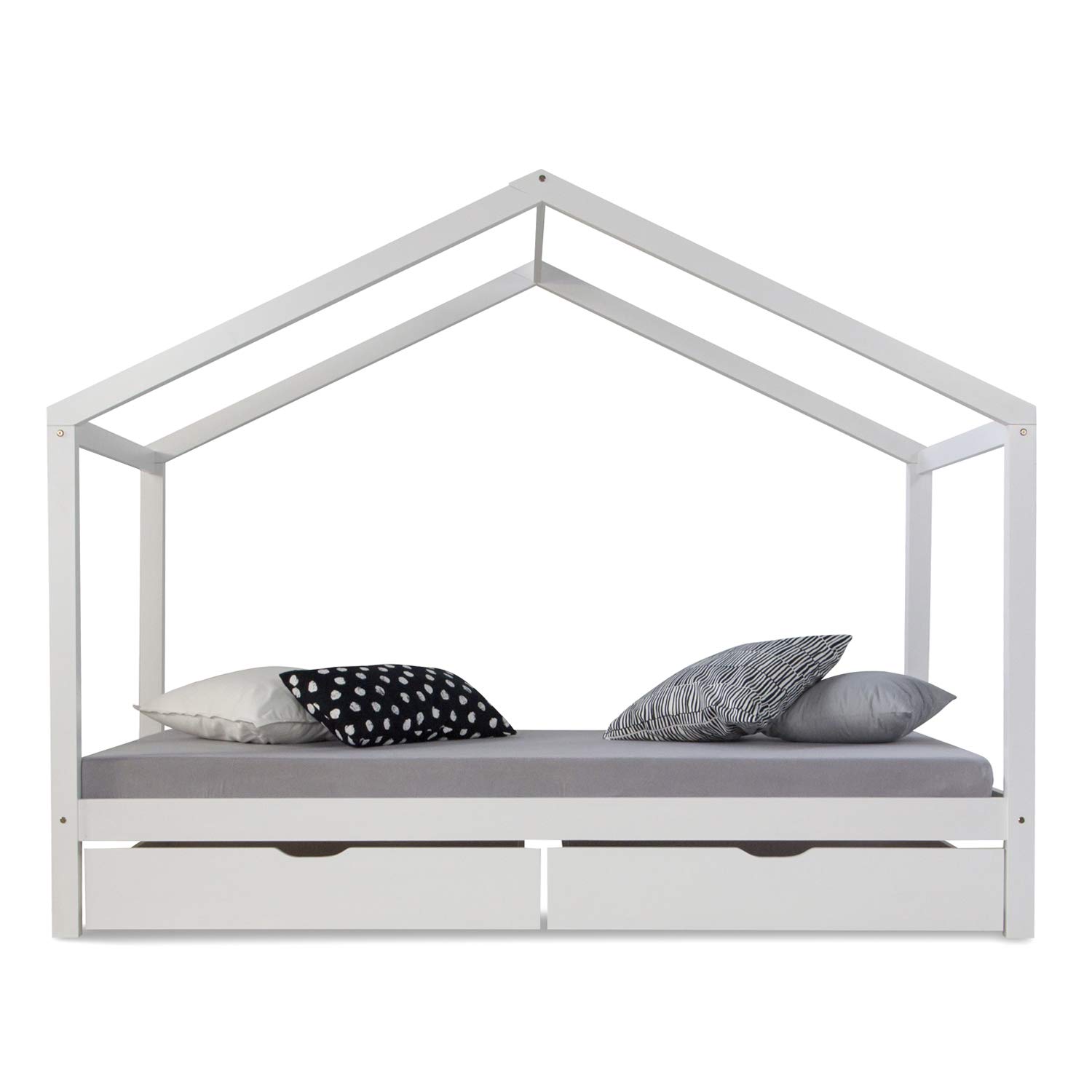 Homestyle4u Kinderbett 90x200, Hausbett Weiß mit Bettkasten