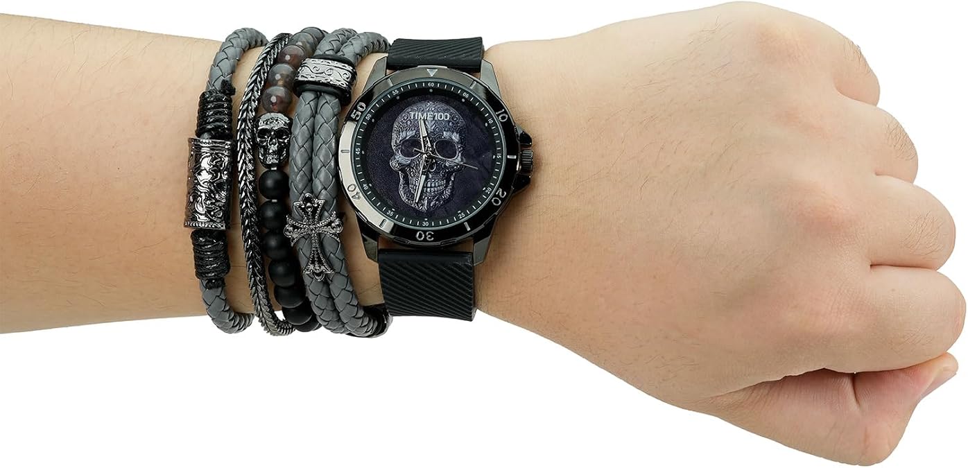 TIME100 Men's Skull Watch with Stackable Bracelet Set, Silicone Band