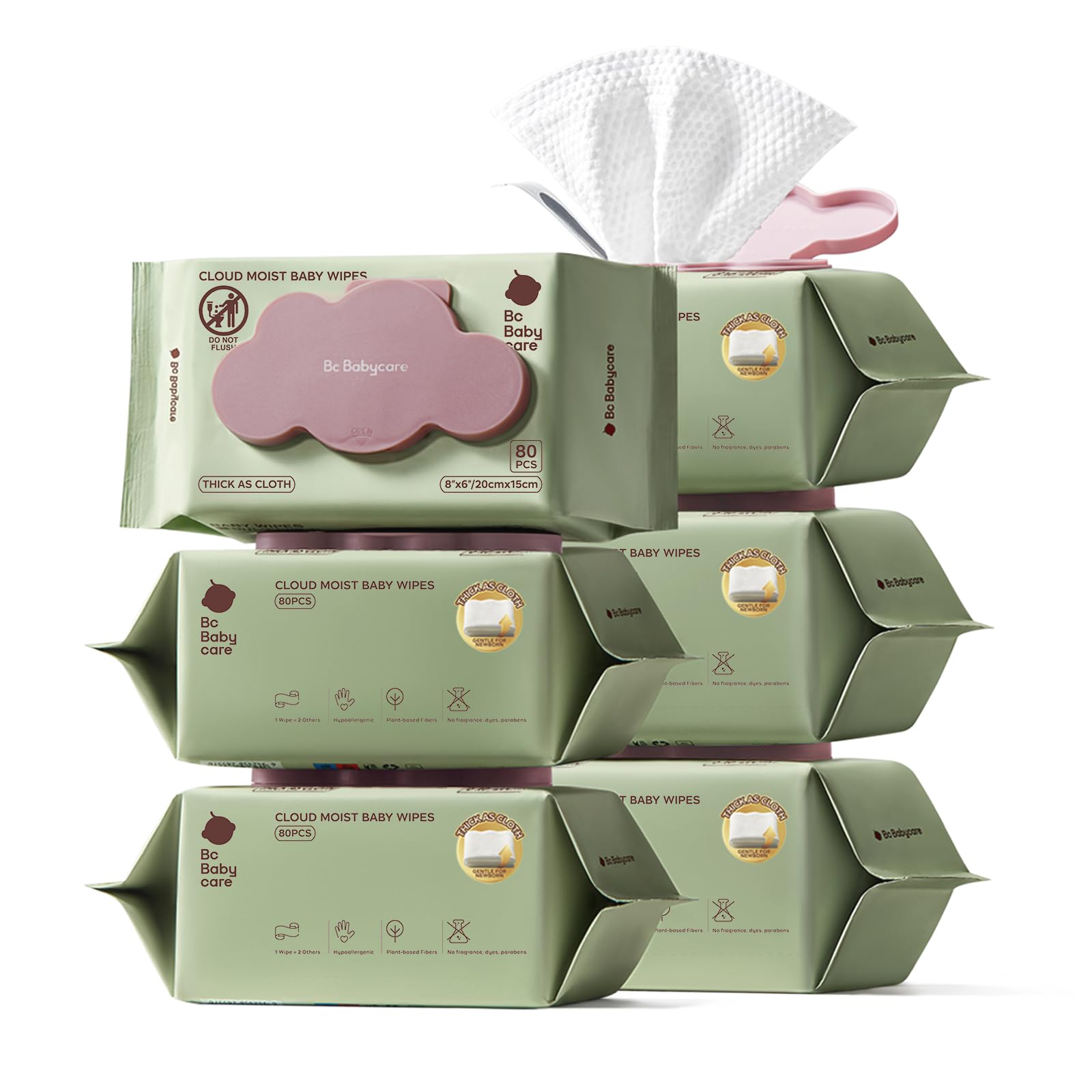 Bc Babycare Cloud Moist Toallitas húmedas para bebé, gruesas y XL, 99% de agua, ultra hidratantes, sin perfume, hipoalergénicas para pieles sensibles, biodegradables, 6 tapas abatibles, 480 unidades