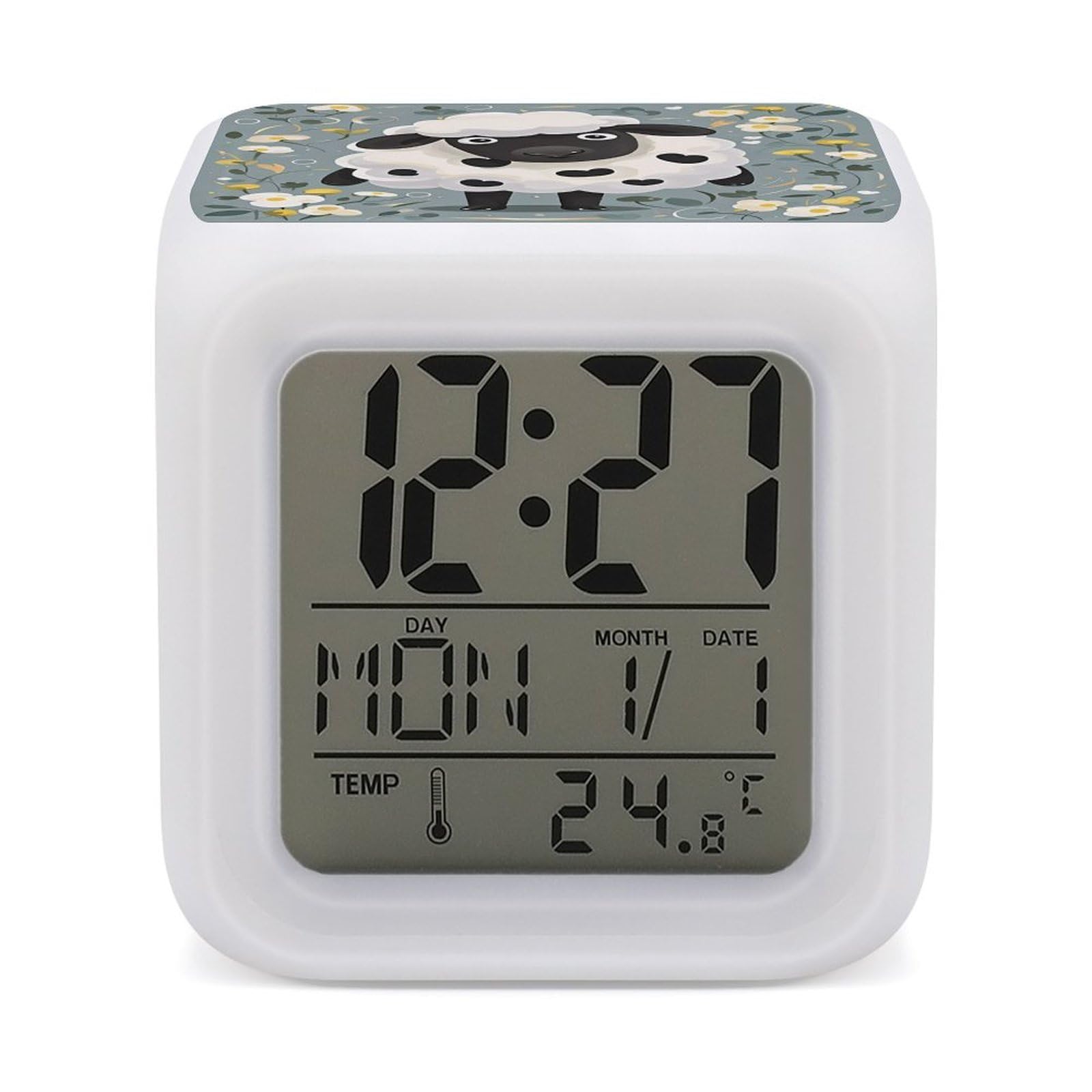 DWVTSLH Cartoon Black White Sheep Alarm Clock with 7 Color Changing Night Light, Wake Up Digital Clock for Bedroom, Bedside Cube Clock with Date, Temperature, Battery Operated Desk Clock Gift